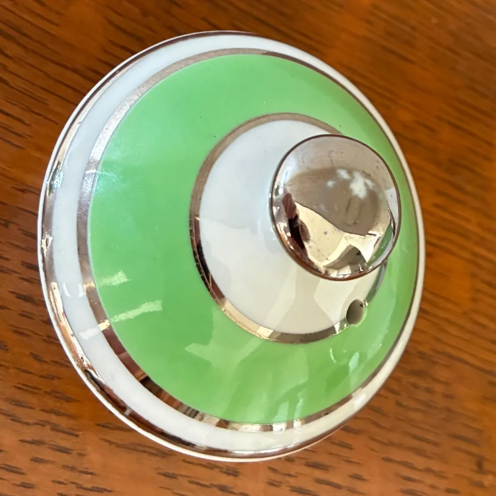 1940s McCormick & Co “Banquet Teas” Balto Teapot with Infuser Green White Silver